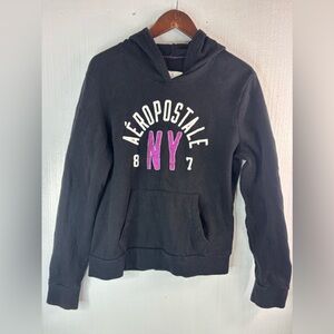 Aeropostale NY XL Purple Glitter Appliqué on Black Pullover Hoodie